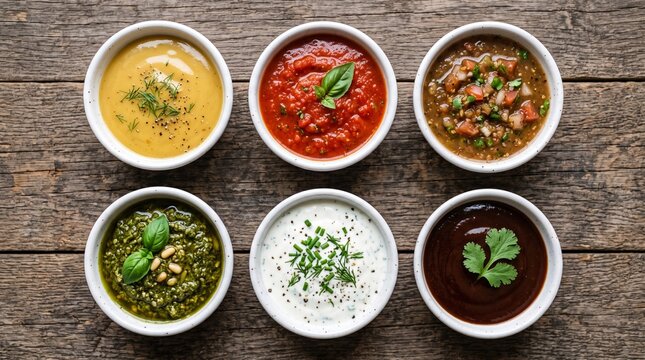 Six bowls of diverse homemade soups on rustic wooden surface