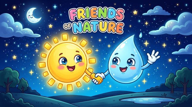 Cartoon sun and water droplet friends holding hands in starry night sky