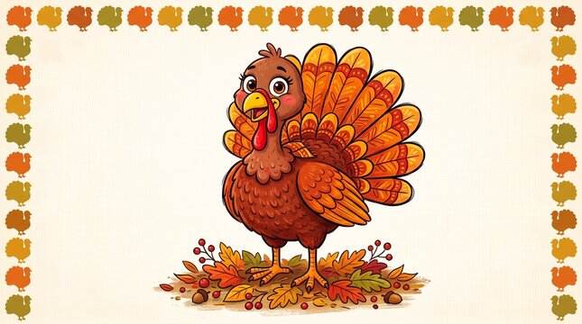 Cartoon turkey with autumn leaves and pumpkins border