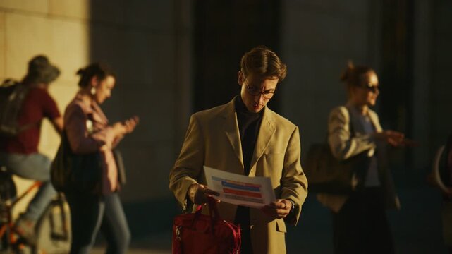 A young businessman reviews a document on a busy city street. He checks his watch, appearing to wait for an important appointment.