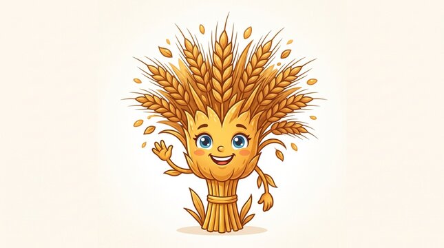 Cheerful cartoon wheat character waving with golden ears