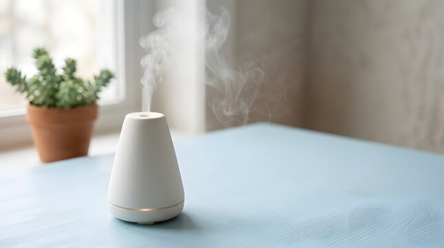 White ultrasonic essential oil diffuser releasing cool mist on blue table