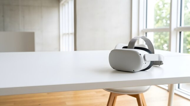 White virtual reality headset resting on a clean white table in a bright modern room