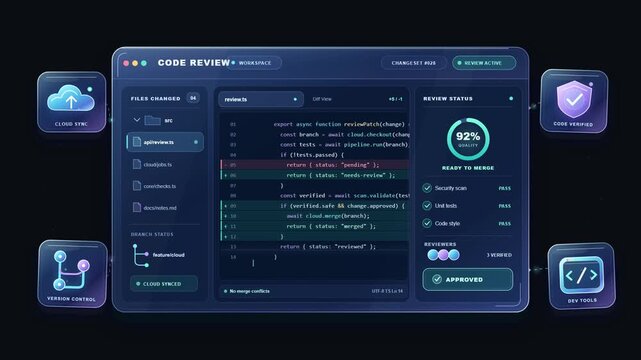 Modern dark mode software code review dashboard interface concept with analytics and cloud integration.