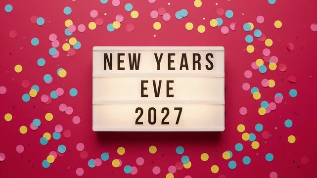 2027 New Year Eve Lightbox Confetti Party Celebration Red Flat Lay 3D Render Loop
