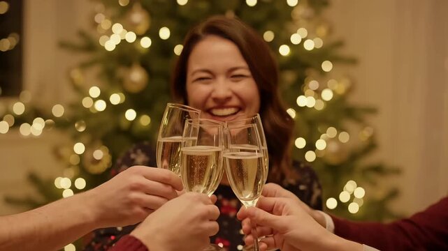 Champagne Toast Friends New Year Eve Party Holiday Bokeh Lights Slow Motion
