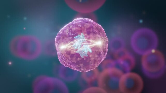 3D cancer cells dividing mitosis animation with malignant tumor cell division and chromosomes