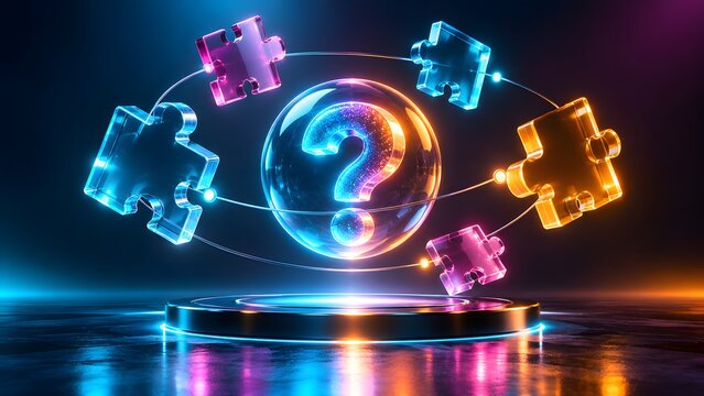 Glowing question mark inside a glass sphere surrounded by floating jigsaw puzzle pieces over a circular podium symbolizing complex problem solving and strategic inquiry