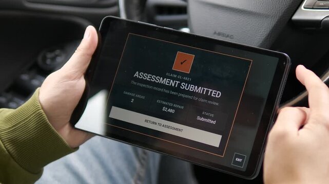 Digital vehicle insurance assessment is submitted on a tablet after damage inspection, showing repair estimate, claim status and a modern paperless claims workflow.
