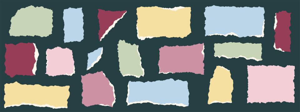Dopamine colored  torn paper pieces with rough edges form a collage on a dark background. Ideal for scrapbook layouts, branding, and social media posts