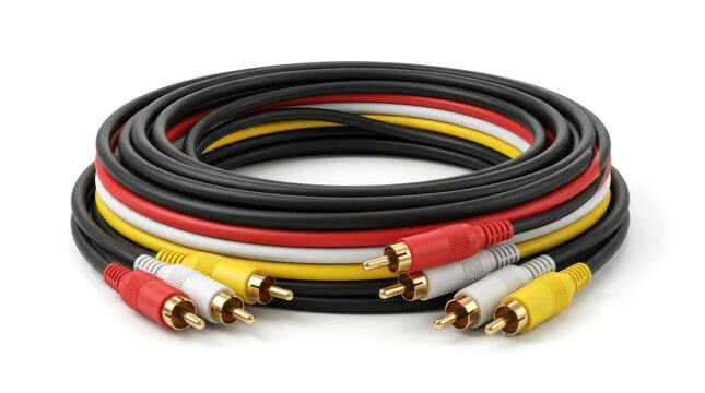 Bundle of audio video cables with rca connectors on white background