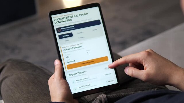 Manager reviews supplier quotes for industrial sensors on a tablet, tracks procurement progress and checks the lowest bid in a streamlined digital sourcing workflow.