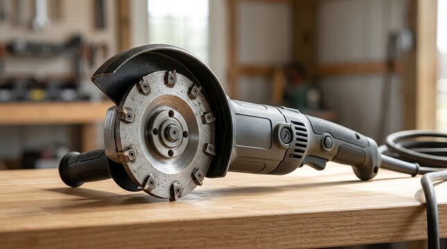 Close-Up View of a Handheld Grinder with Circular Blade on a Wooden Workbench in a Workshop Setting