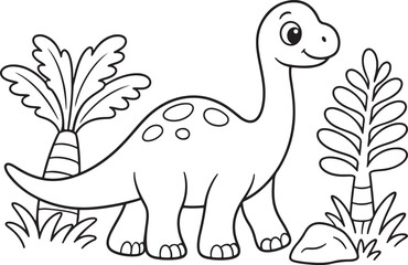 Cute black and white outline vector illustration of a friendly dinosaur standing in a prehistoric landscape with palm trees for children coloring books and creative activities © GraphicsWorld