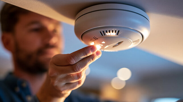 Faceless man pressing the button on a white smoke detector mounted on a ceiling, testing the home alarm system for fire safety, with copy space