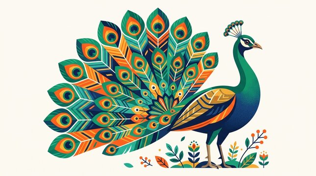 Colorful peacock with vibrant feathers standing on flowers