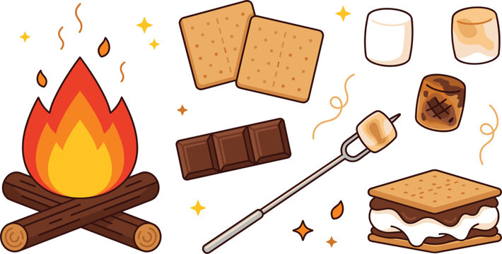 Camping Bonfire and Smores Vector Element Set with Campfire Flame Graham Crackers Chocolate Bars Toasted Marshmallows and Stick for Outdoor Adventure Designs