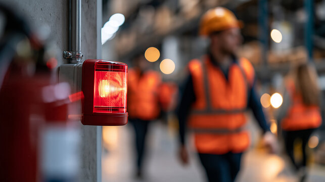 Industrial fire alarm strobe light mounted on a concrete wall in an active warehouse with defocused faceless workers in reflective vests walking in the background, with copy space