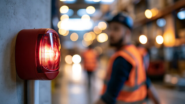 Industrial fire alarm strobe light mounted on a concrete wall in an active warehouse with defocused faceless workers in reflective vests walking in the background, with copy space