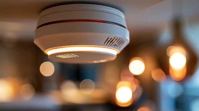 Smoke detector, fire alarm detector and home safety device set up on the ceiling of a hotel room, with copy space