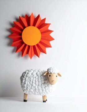 もこもこの羊の置物と赤い紙の太陽