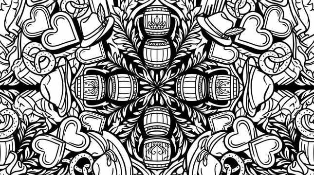 black and white illustration, st. patrick's day symbols, seamless pattern