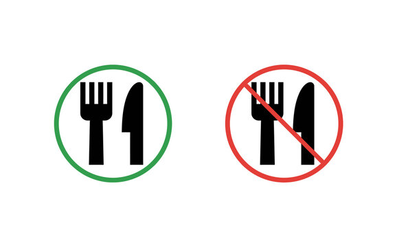 Green check and red prohibition signs with fork and knife symbols
