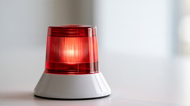 Red emergency light siren, flashing beacon for alert and warning situations, security alarm lamp isolated on a white background, danger, police or urgency, with copy space