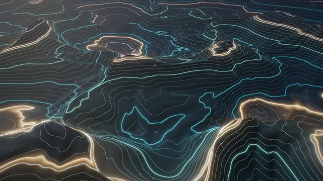 3D Topographic Contour Lines Mountain Terrain With Rising Amber Elevation Slicing Planes Seamless Loop