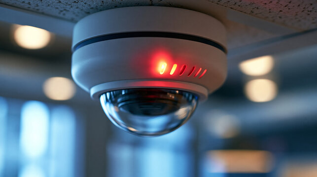 Smoke detector mounted on a textured office ceiling with a blinking red light, fire safety and alarm system concept, with copy space