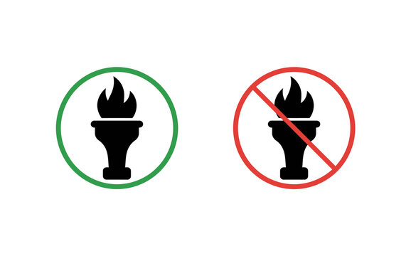 Torch flame icons with green check and red prohibition symbol flat sign