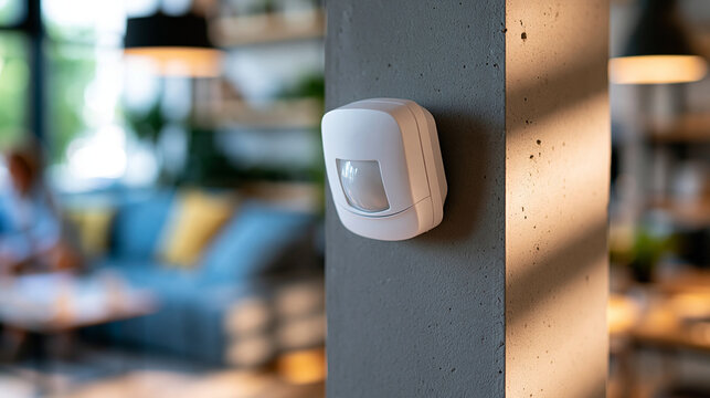 White smart motion sensor mounted on a concrete wall, wireless PIR security system, modern home automation and surveillance device in a bright interior, with copy space