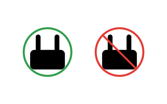 Black silhouette power plug icon with green check and red forbidden sign