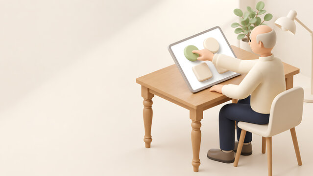 自宅でタブレットを操作する高齢男性の3Dイラスト シニアのデジタル機器利用とタッチ操作をイメージした背景素材