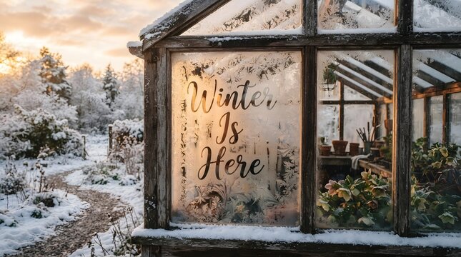 Cozy winter scene viewed through frosted glass doorway with warm interior light