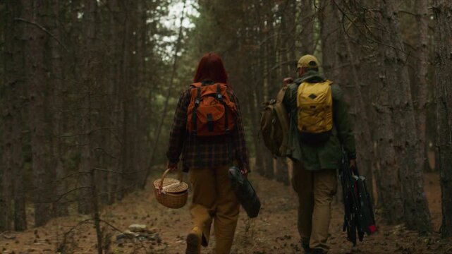 Man hikes with a couple through a pine forest, carrying backpacks, a picnic basket and camping gear on an outdoor adventure.