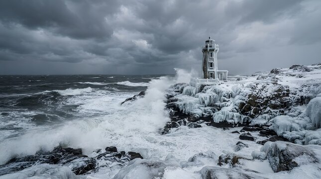 Dramatic winter scene with a lighthouse battered by powerful waves and stormy skies