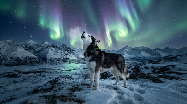 Majestic husky looks up at the vibrant northern lights over a snowy landscape