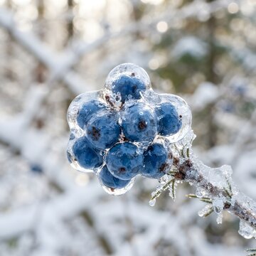 Frozen blue berries covered in frost on a winter branch in a natural setting