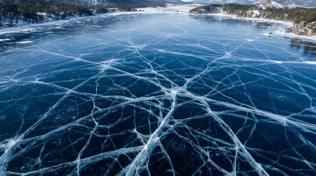 Frozen lake ice patterns with bubbles and cracks in winter landscape