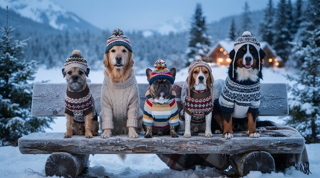 Colorful hand carved wooden animal statues stand in a winter wonderland forest scene