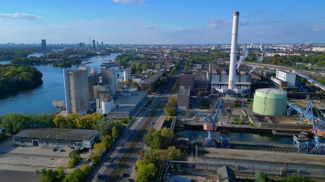 Gas power plant infrastructure, industrial cityscape. Unique aerial view drone