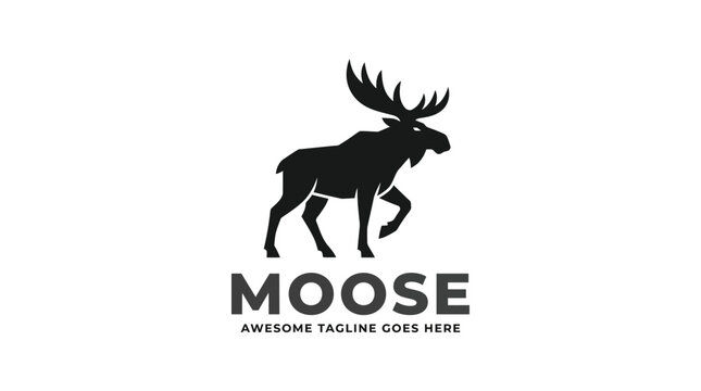 Bold black silhouette logo design featuring aggressive wild moose walking forward on white background