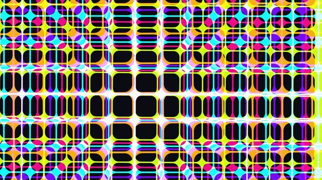 Geometric grid patterns ripple with psychedelic distortion in a vibrant pop art 3D render with neon yellow and magenta hues, evoking playful kinetic energy for creative intros