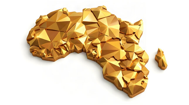 Gleaming golden polygonal map of the African continent featuring low poly geometric facets casting soft shadows against a pristine white studio background representing luxury wealth and modern digital