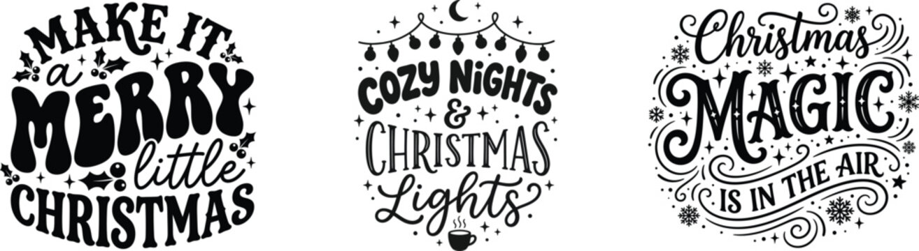 Set of three hand lettered christmas phrases in a rustic vintage style for festive designs