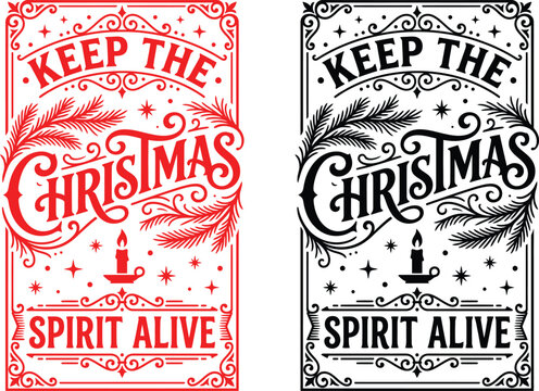 Vintage christmas card with hand lettering and festive holiday decorations in red and black