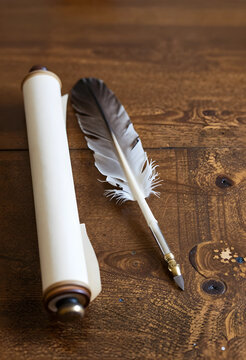 Literature and history concept, vintage quill pen and blank paper scroll on rustic wooden table for creative writing, storytelling, and legal document