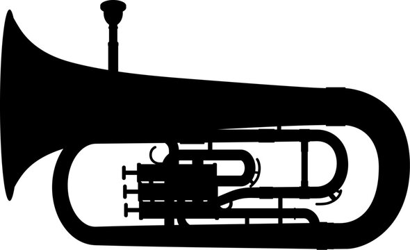 detailed classic euphonium brass music instrument black silhouette shape side view vector isolated on transparent background