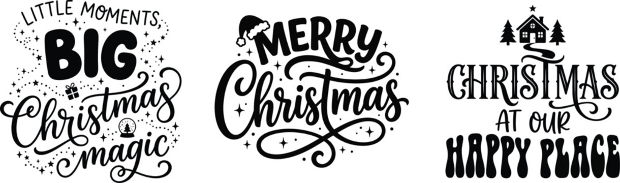 Collection of three hand lettered christmas phrases with a textured vintage aesthetic